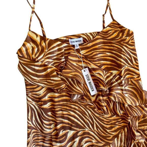 Steve Madden Christina Brown Zebra Satin RUFFLE Handkerchief Slip Dress XL NWT - Picture 3 of 9